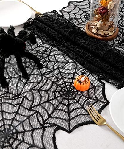 10 Pack Halloween Table Runners Black Lace Spider Web Linens