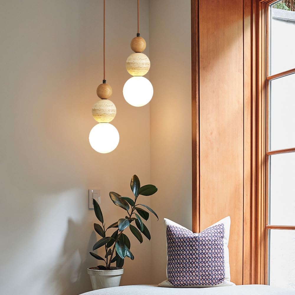Modern Natural Stone Pendant Light, Frosted White Glass Spherical Hanging Light, Indoor Suspension Pendant Lamp for Bedroom Kitchen Island Dining Room Bar