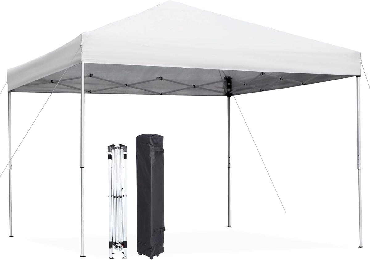 10 x 10 FT Pop Up Canopy Tent - Instant Outdoor Canopy with Wheeled Carry Bag, 4 Ropes, Straight Legs, Stakes,Height Adjustable Outdoor Tent Sun Protection Beach Shelter, White