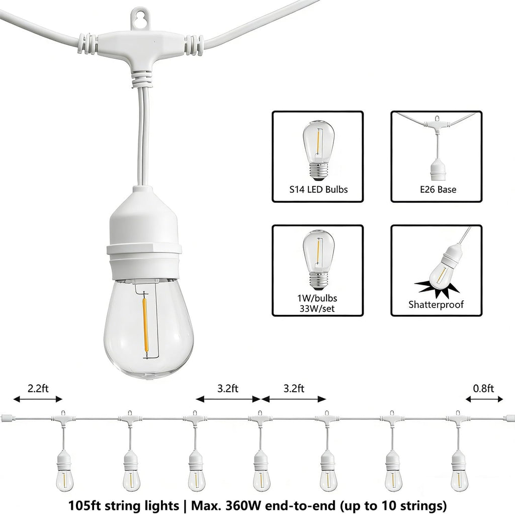 SUNTHIN 105FT White Outdoor String Lights, 34 1W LED Bulbs