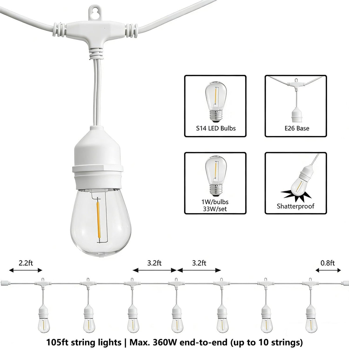 SUNTHIN 105FT White Outdoor String Lights, 34 1W LED Bulbs
