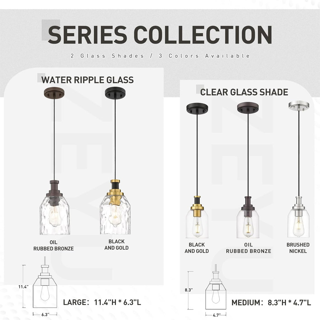 zeyu Modern Pendant Lights Kitchen Island 2 Pack, 1-Light Hanging Pendant Lighting for Dining Room, Water Ripple Glass Shade, Oil Rubbed Bronze Finish, ZG33M1L-2L ORB-WG