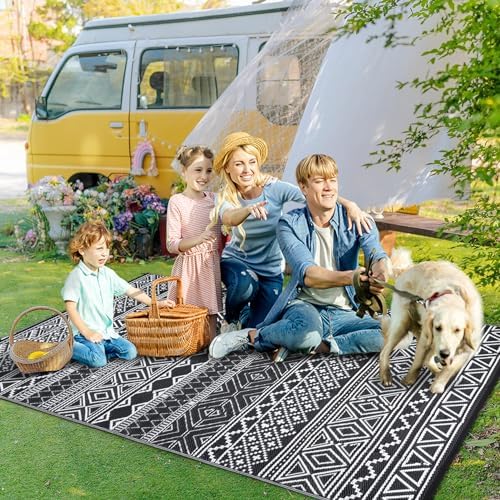 Garvee Outdoor Rug 9x18 Reversible Waterproof Rug for Patio Black/White