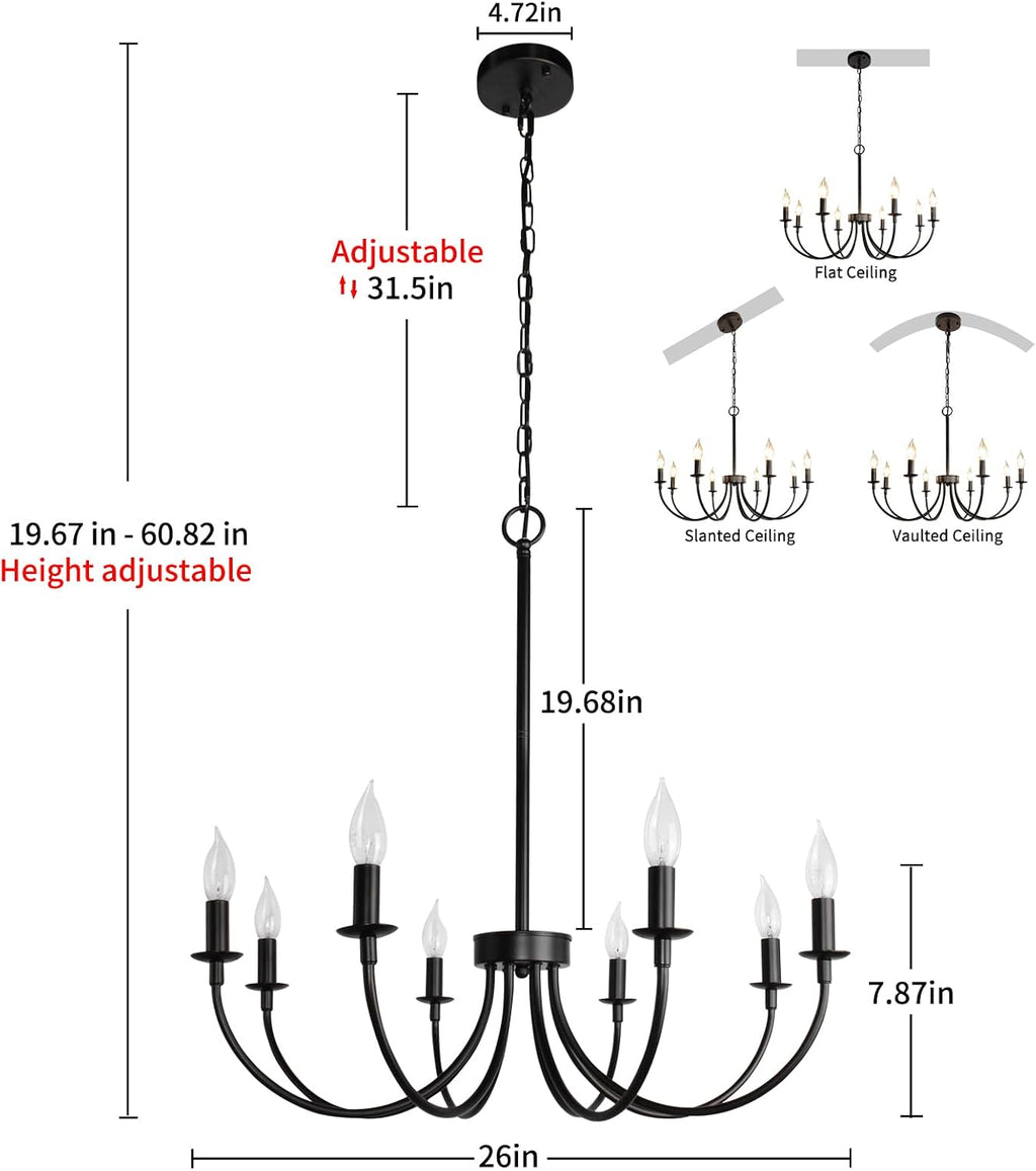 8 light black farmhouse chandelier, dining room light, close-up detail