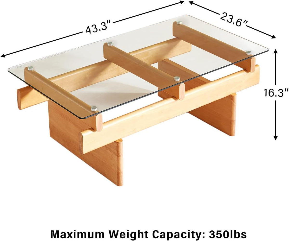Finekoze Glass Coffee Table for Living Room,100% Solid Wood Coffee Table with Rectangular Tempered Glass Top,Mid Century Modern Coffee Table,Wood