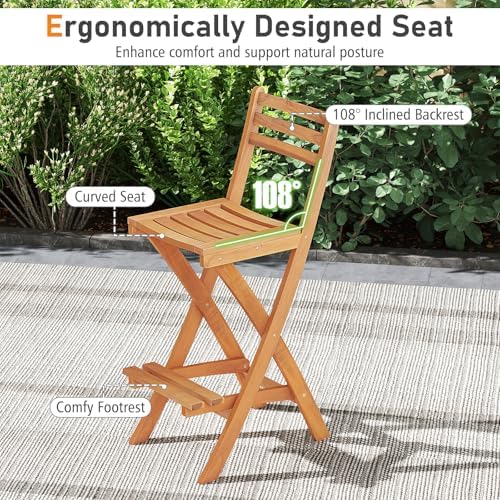 Tangkula Patio Folding Barstool, Outdoor Portable High Top Acacia Wood Bar Height Chair with Backrest & Footrest,for Backyard, Garden, Front Porch (1)