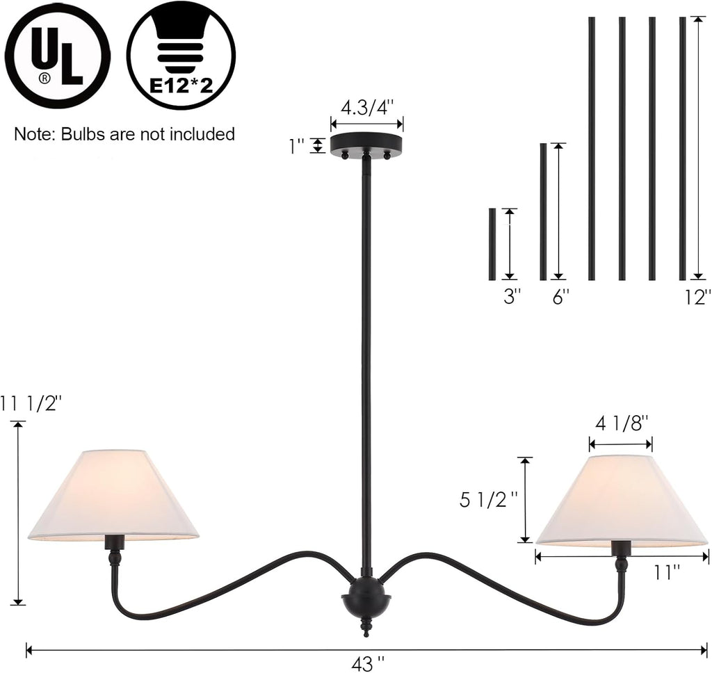 Modern Linear Chandelier for Kitchen Island, 2-Light Linear Light Fixture with Off-White Fabric Shade, Rustic Pendant Light for Dining Room