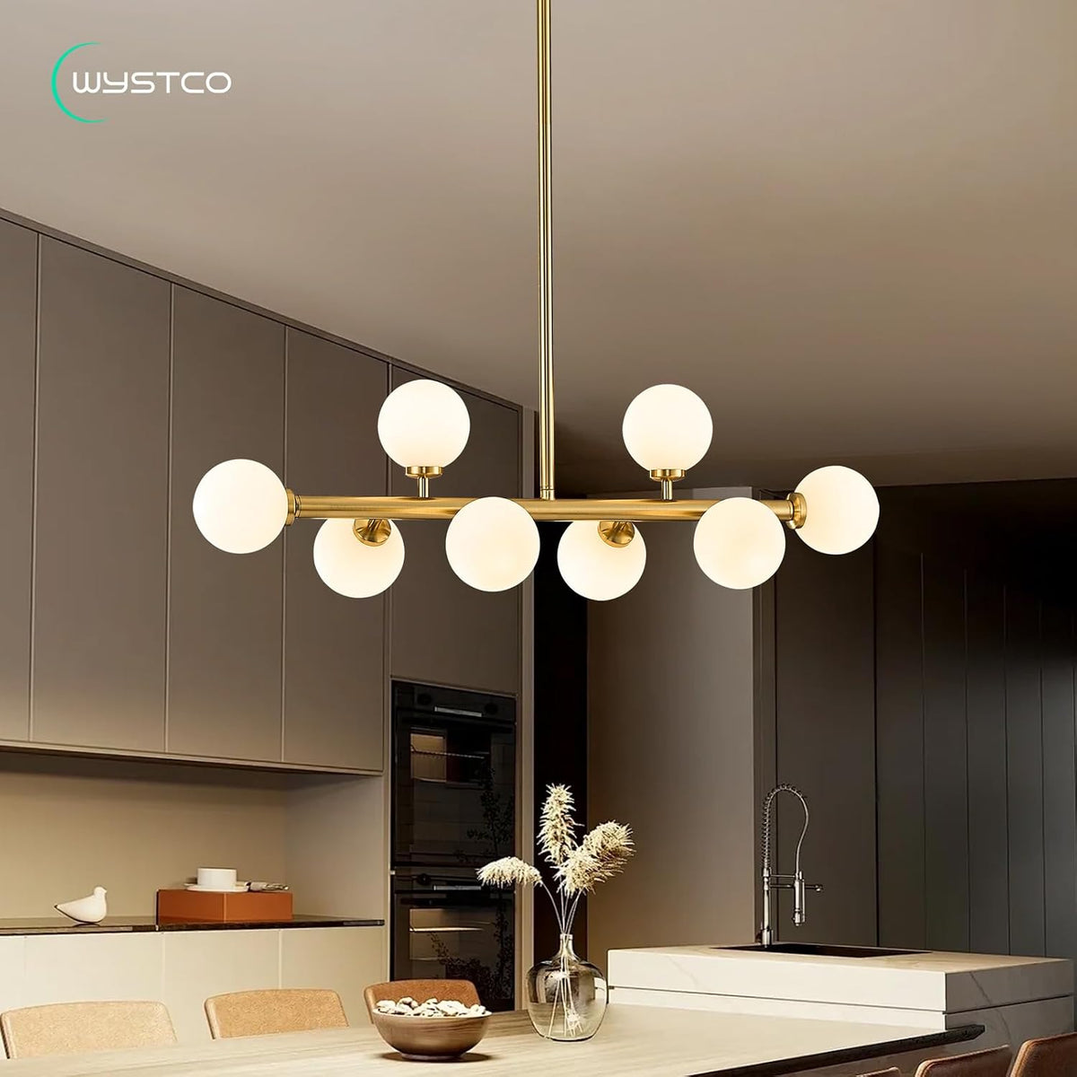mid century modern globe sputnik chandelier, 8-light linear, close-up detail
