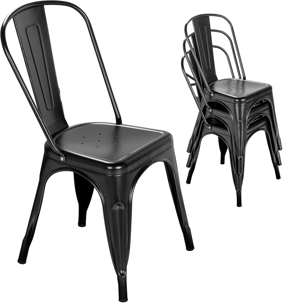 Nazhura Metal Dining Chair Farmhouse Tolix Style for Kitchen Dining Room Café Restaurant Bistro Patio, 18 Inch, Stackable, Waterproof Indoor/Outdoor (Sets of 4) (Black)