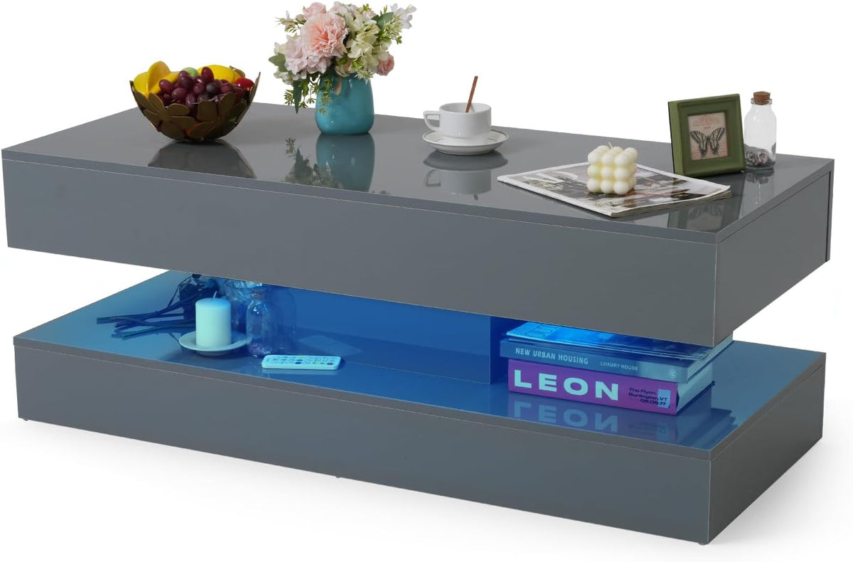 Verano Garden 47" High Gloss LED Coffee Table, Large Storage Center Table