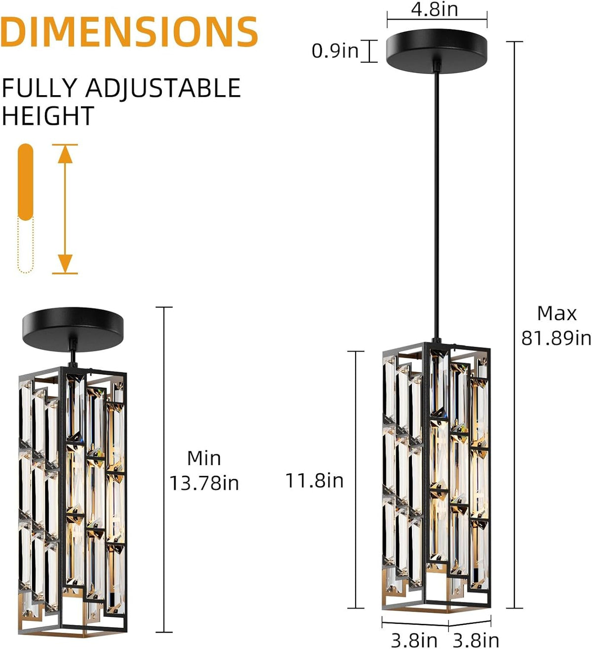 Modern 1-Light Crystal Pendant Light Kitchen Island, Black, 2-Pack