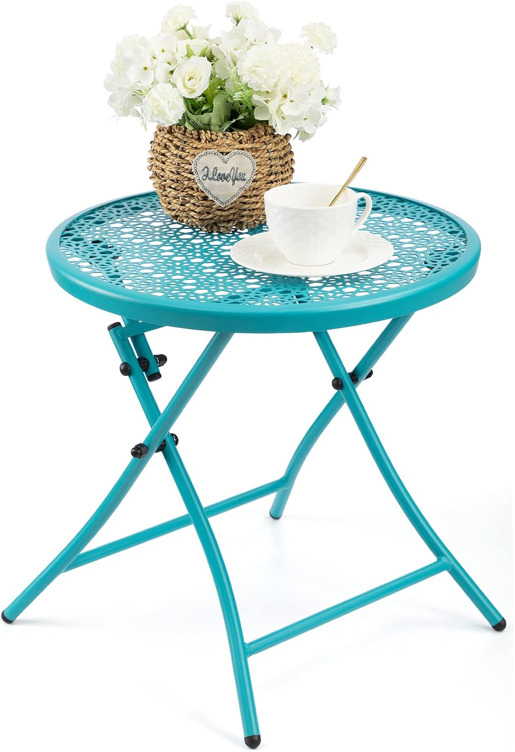 TeoKJ Folding Outdoor Side Table, No Assembly Patio Table with Cutouts