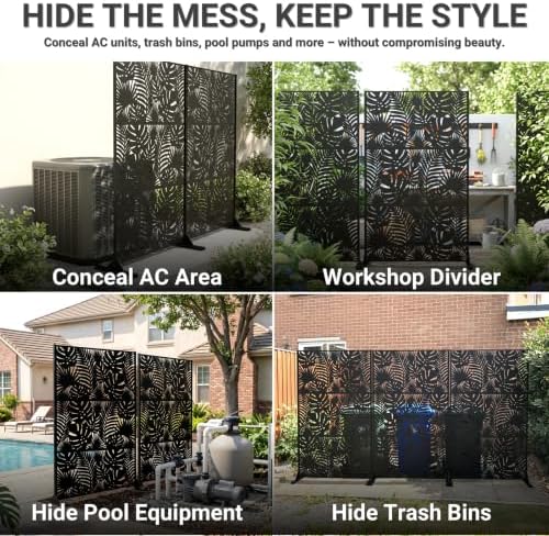 Metal Privacy Screen Outdoor – 72in Decorative Laser Cut Steel Garden Divider Panel with Tropical Leaf Design, Weatherproof Freestanding Modern Privacy Fence for Patio, Deck, Backyard & Balcony