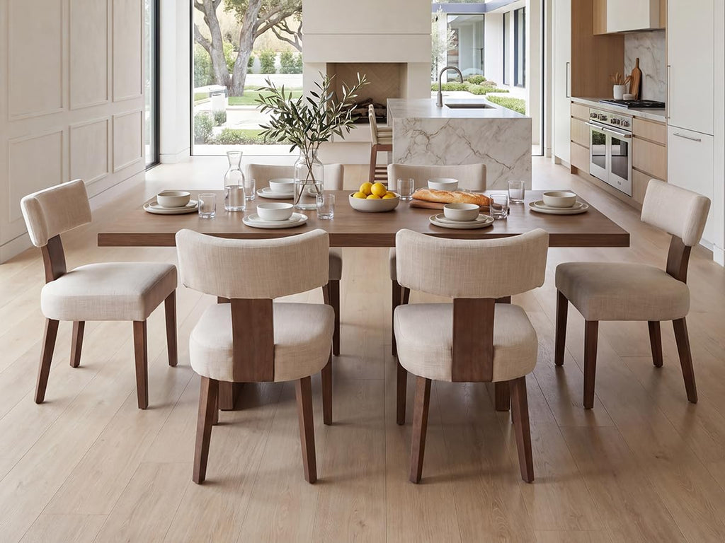 RIVOVA Upholstered Dining Chairs Set of 6 with Seat Covers, Modern Wooden Kitchen Chairs Fabric Side Dining Room Chair Farmhouse Dinner Chair, Beige