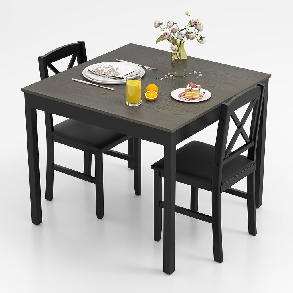 GIANTEX 3-Piece Dining Table Set for 2 - Small Wooden Kitchen Table with Upholstered PVC Leather Chairs, Rubber Wood Legs, Modern Compact Dining Set for Dinner, Kitchen, Restaurant, Dinette (Grey)