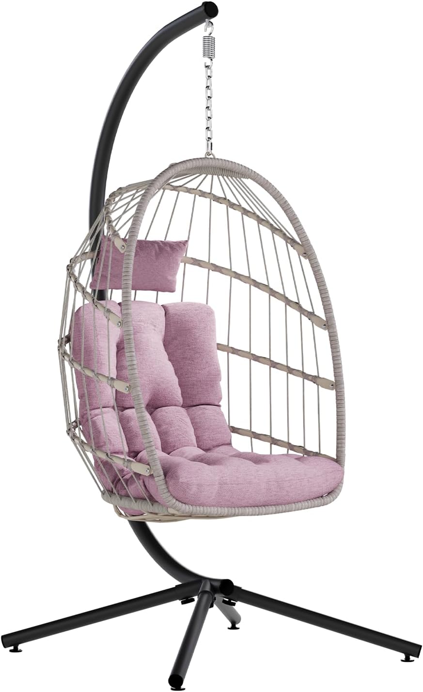SWITTE Egg Chair Outdoor with Stand, Indoor Wicker Hanging Egg Swing, Pink