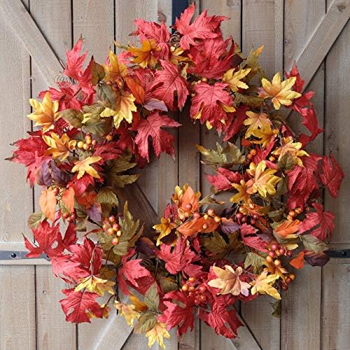 Idyllic 20 Inch Fall Wreath for Front Door - Maple Leaves Autumn Wreath for Thanksgiving, Halloween, Wall, Front Porch Home Decoration