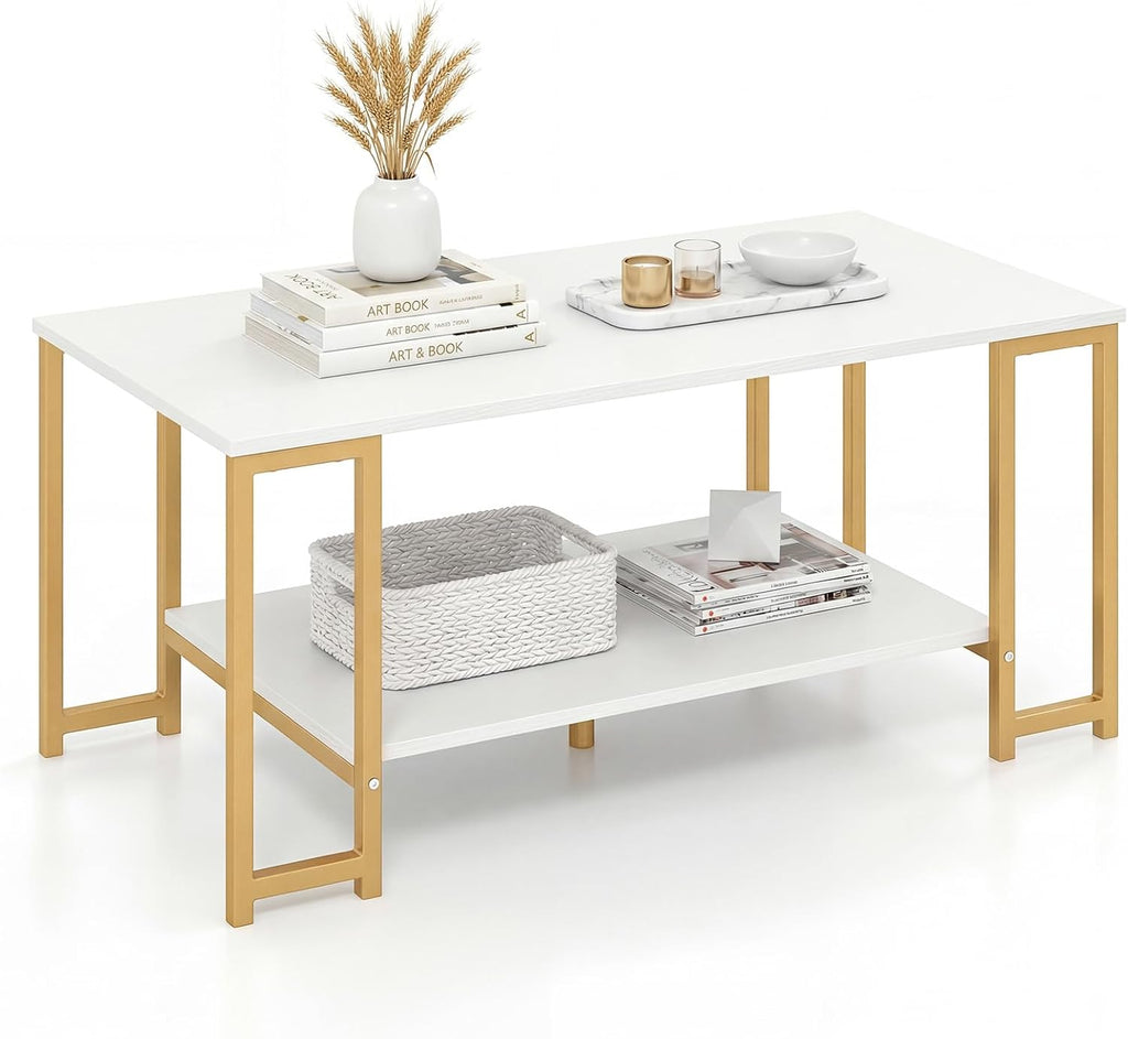 GIANTEX 2-Tier Coffee Table with Storage, 39.5" Center Table, Gold & White