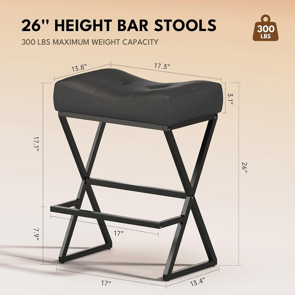 Counter Height Bar Stools Set of 2, Backless 26" Saddle Barstools, Grey