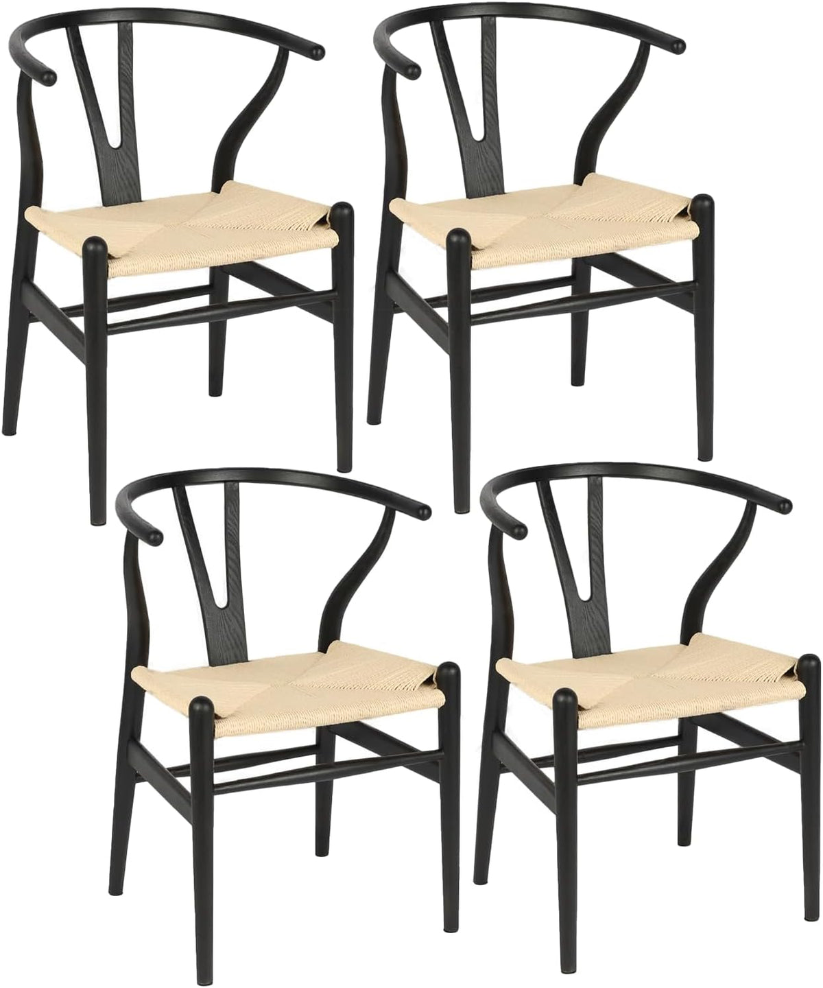 Wishbone Chairs Set of 4, Dining Chairs (Black Frame + Natural Cord)