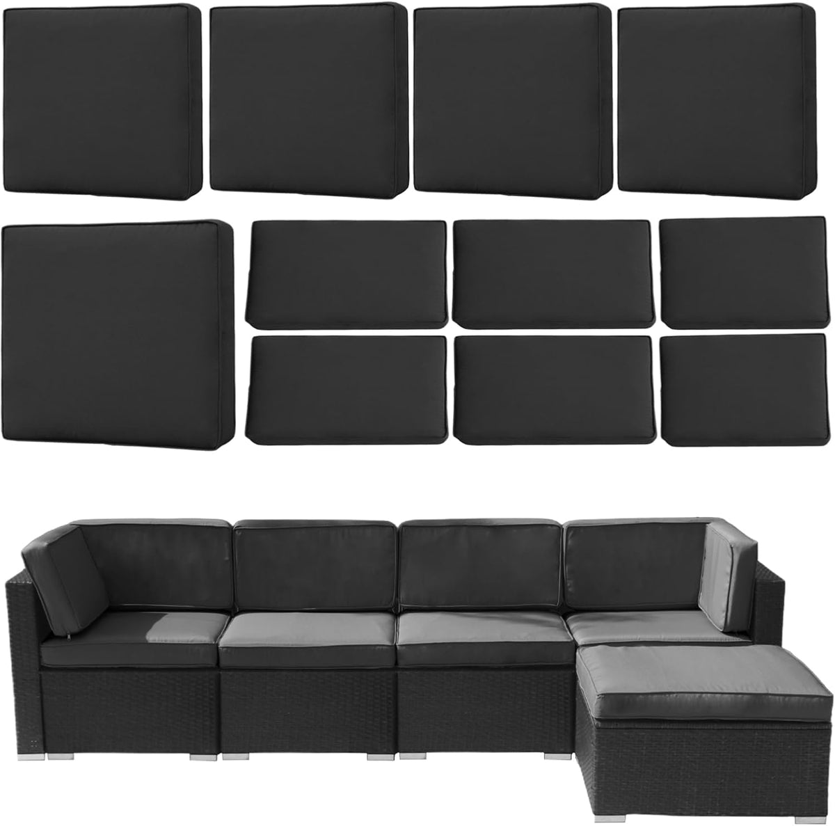 11 Pcs Outdoor Patio Cushion Cover Replacement, Waterproof Patio Cushion Covers, Outdoor Furniture Cushion Covers Set for 6 Seat Wicker Rattan Sofa (Dark Black)