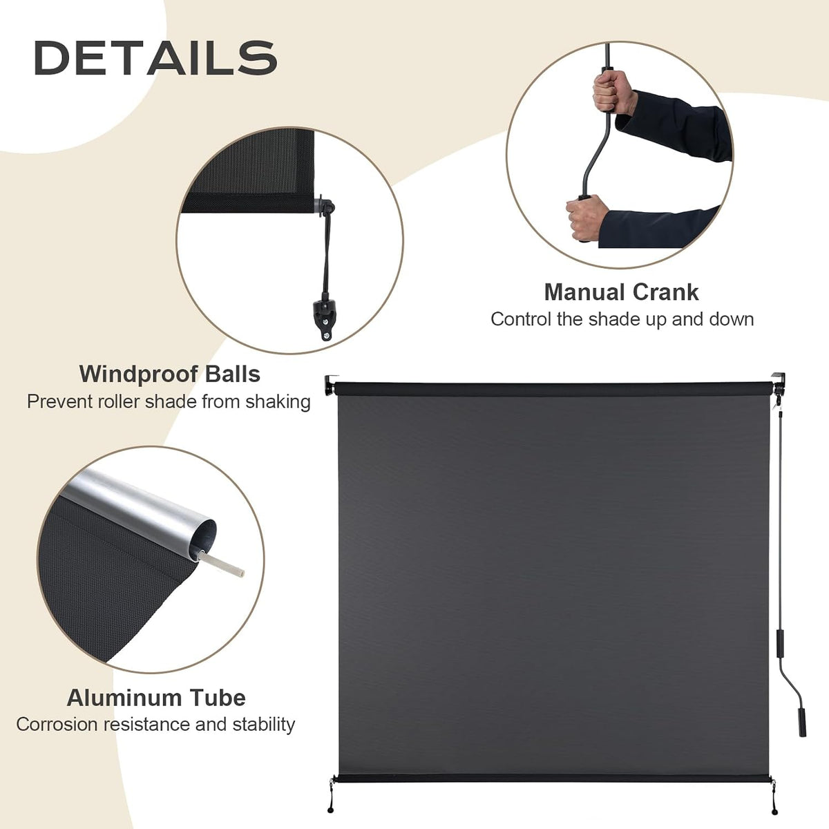 Aoodor 5% Openness Cordless Solar Fabric Roller Shade, 6'W x 8'H Sun Shade for Outdoor Gazebo Pergola Porch Use, 95% UV Protection Blinds, Dark Grey