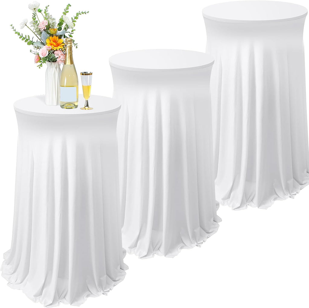 Tegeme 3 Packs Spandex Cocktail Table Cover Fitted with Skirt, White
