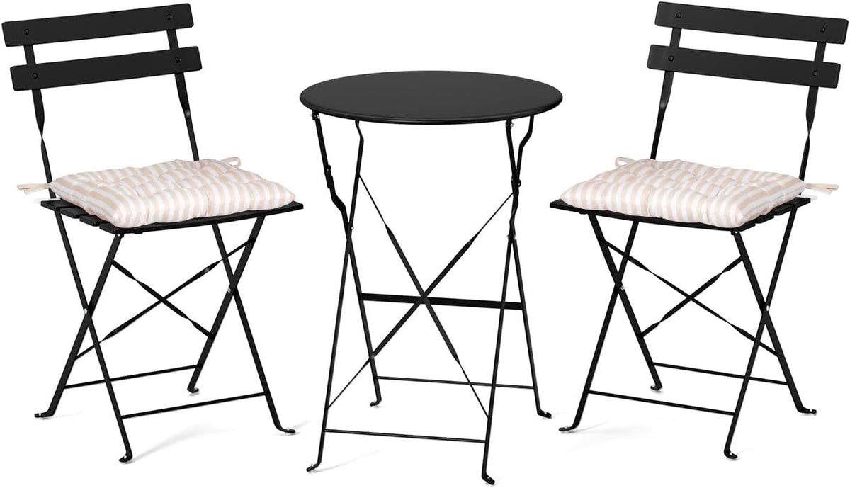 VINGLI Outdoor Folding Bistro Table and Chairs Set of 2, 3-Piece Bistro Set with Premium Steel Frame and Comfortable Cushions for Patio, Balcony, Garden, Porch, Yard, Black