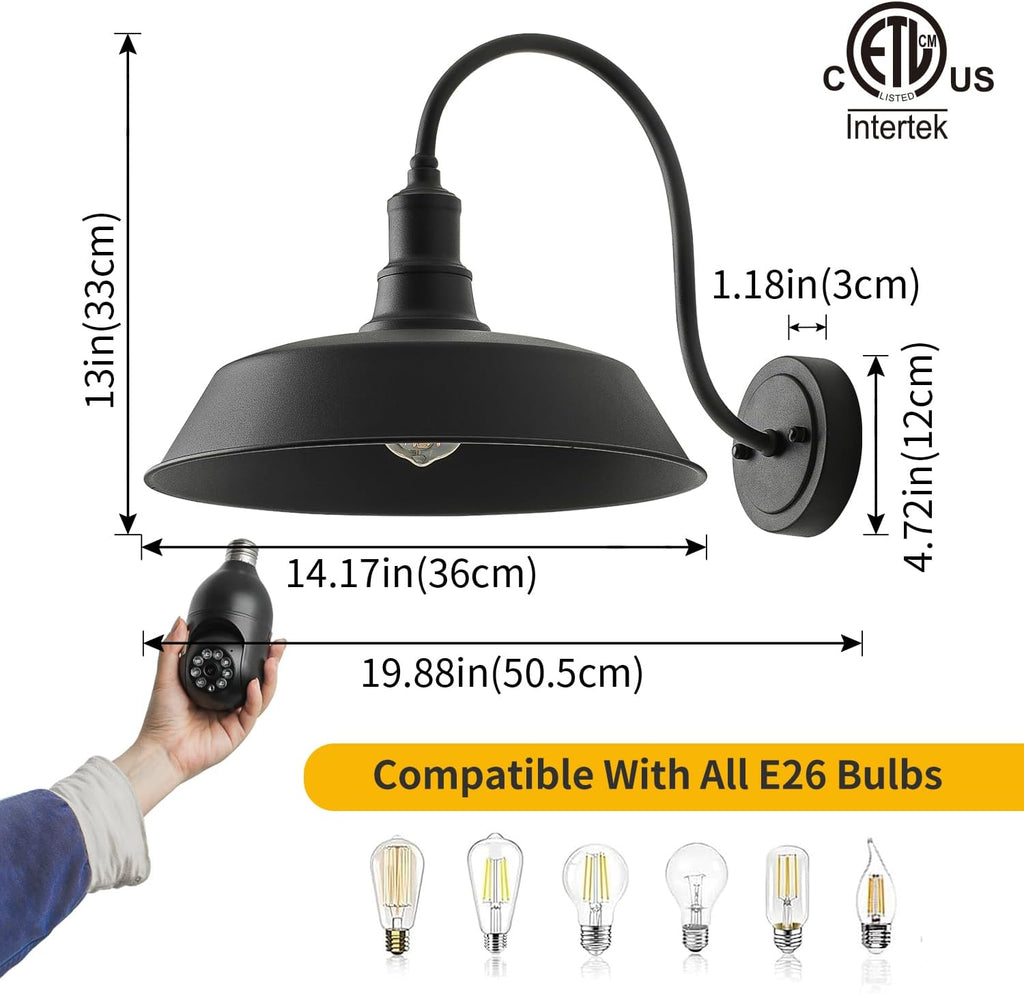 mirrea Farmhouse Outdoor Gooseneck Barn Wall Light, Matte Black, 14", 2 Pack