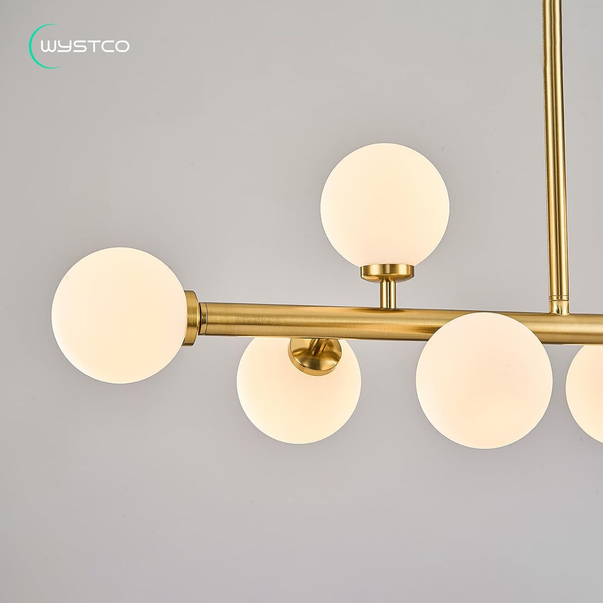 mid century modern globe sputnik chandelier, 8-light linear, front angle view