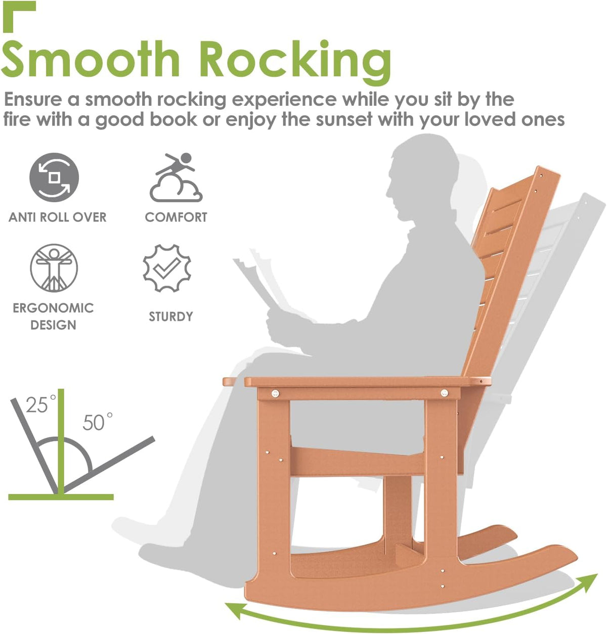 GREENVINES Oversized Outdoor Rocking Chairs Set of 4, HDPE Rocker, Teak