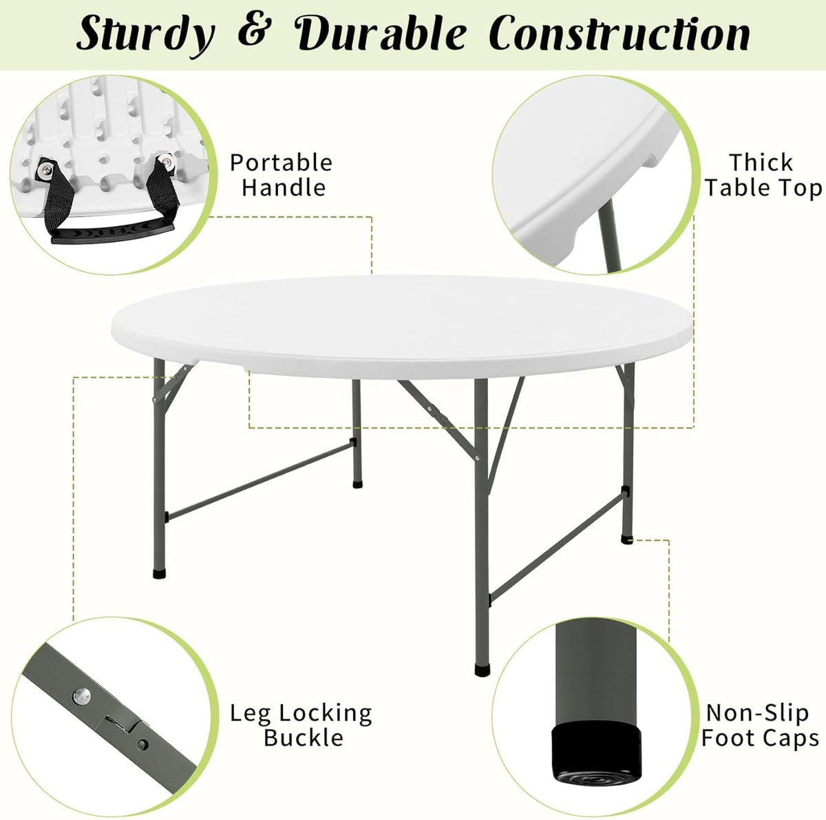 Fivenl Round Folding Tables White Foldable Table, Fold-in-Half with Carrying Handle Portable Plastic Table for Party, Dining, Wedding, Camping, Picnic, Indoor Outdoor Events (1, White, 4 FT)