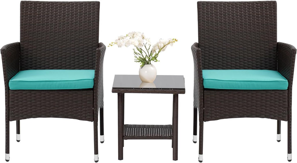 PayLessHere Set of 3 Outdoor Furniture Set Patio Furniture Set Brown Conversation Set with 2 Rattan Chairs Glass Coffee Table for Coffee Bar Poolside Patio Outdoor, Blue Cushions