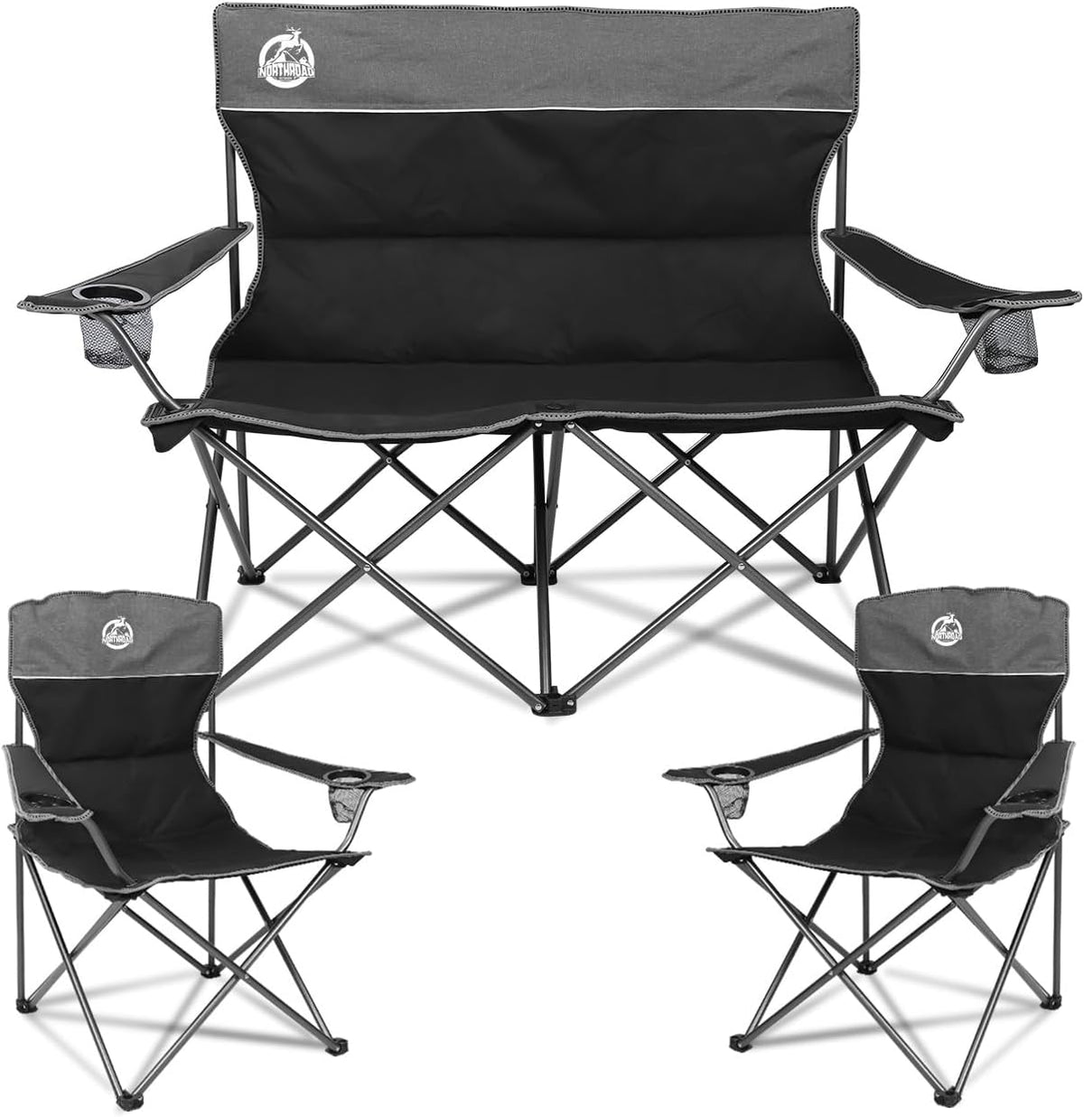 Northroad Outdoor Camping Chair Set of 3,Folding Padded Camp Chair w/1 Sofa,2 Single Chairs,Collapsible Conversation Set for Family Patio, Beach (Black)