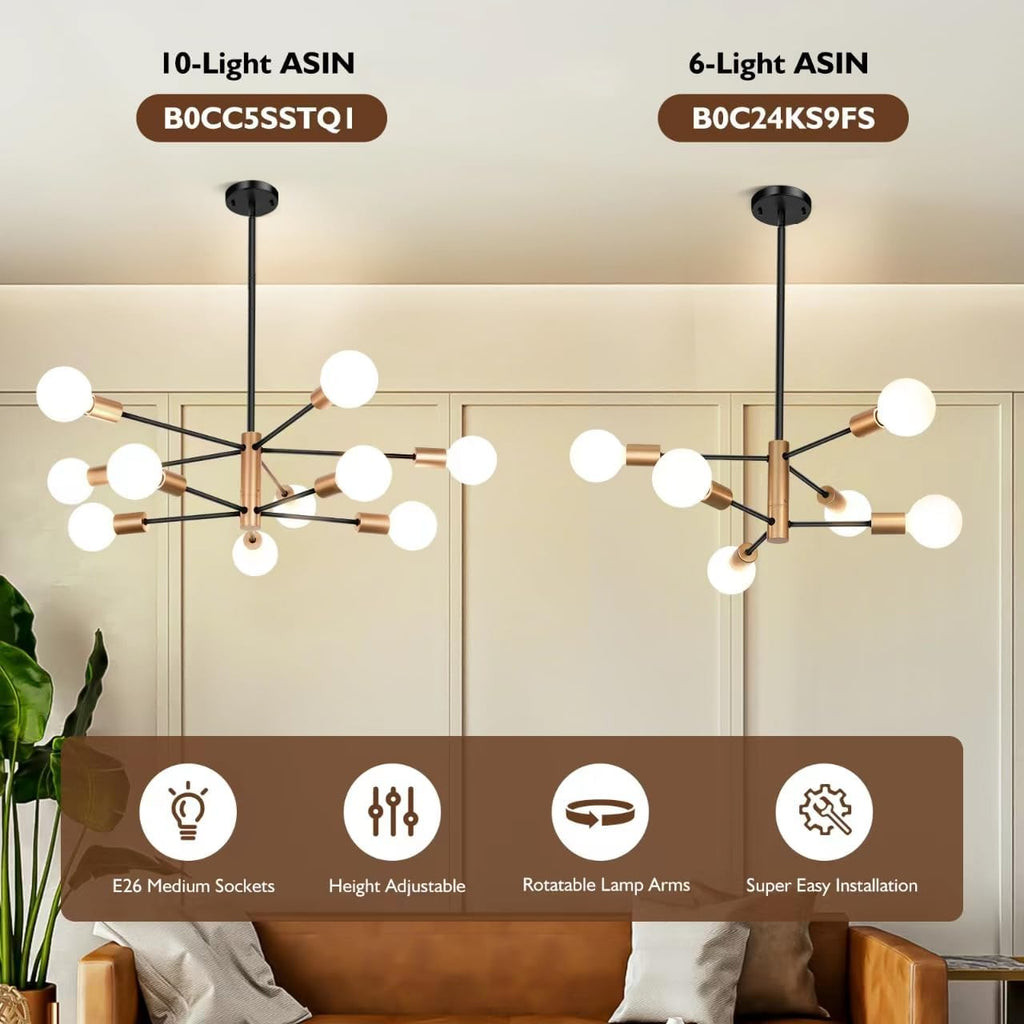 Sheetea 10-Light Chandelier, Dining Room Light Fixture Black and Gold