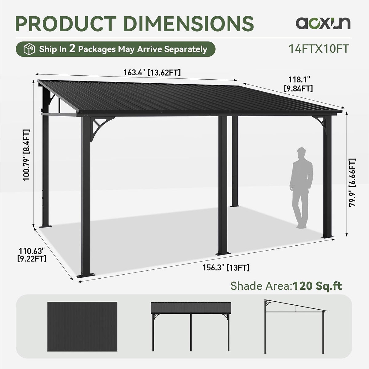 Aoxun 10' x 14' Lean to Gazebo Pergola with Sloping Roof for Patio, Black
