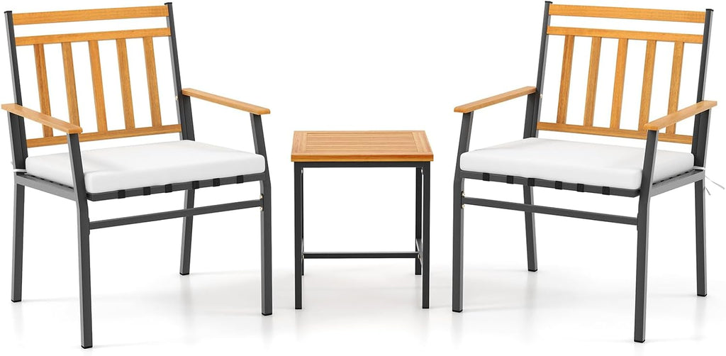 Tangkula 3 Pieces Acacia Wood Bistro Set, Patio Conversation Set with Cushions and Coffee Table, Outdoor Bistro Table and Chairs Set for Porch, Balcony, Garden and Backyard (Off White)