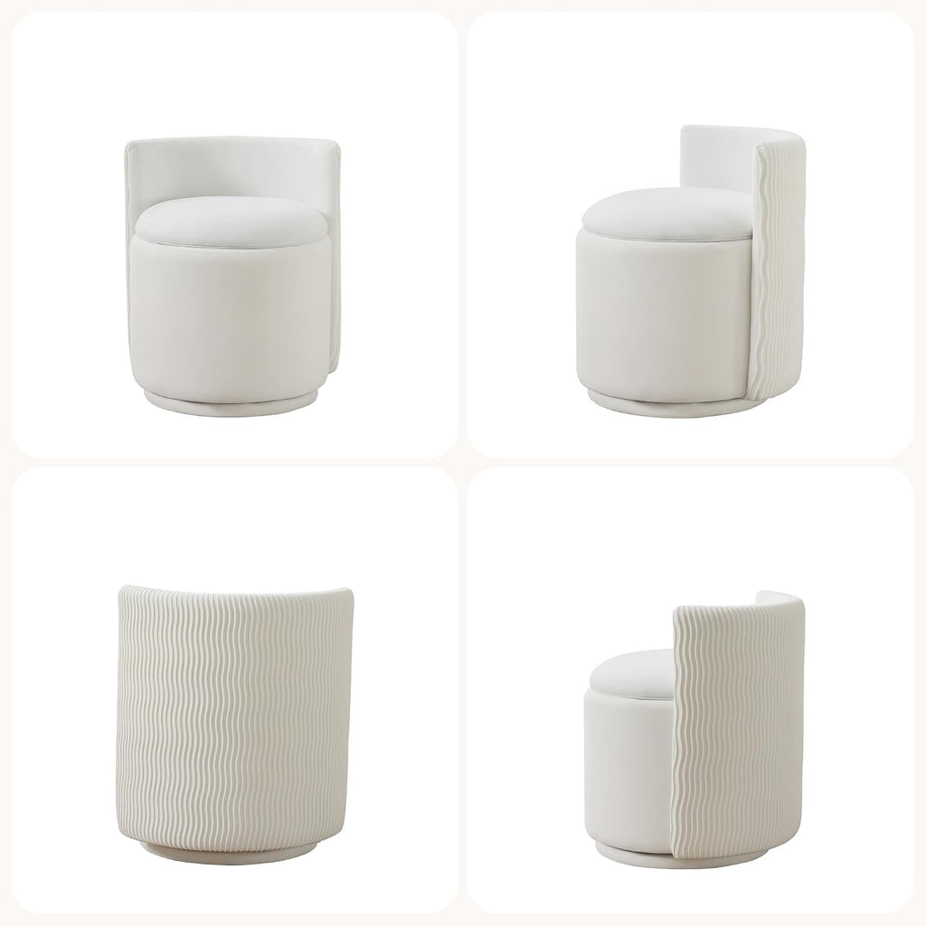 HUBSON Vanity Chair with Storage, Swivel Velvet Chairs with Back, Modern Round Accent Makeup Chair, No Assembly Vanity Stool for Living Room, Bedroom, Dressing, White