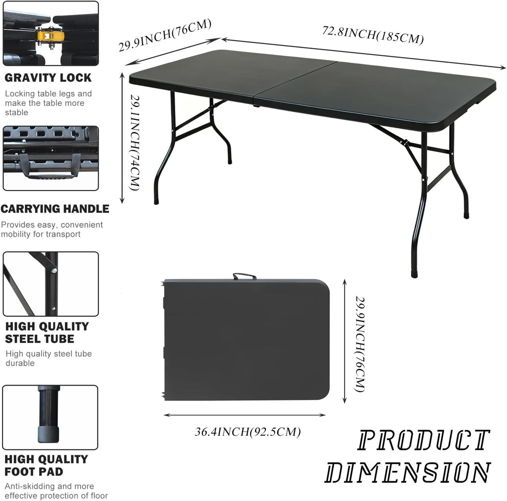 Portable Plastic Folding Table 4ft/6ft/8ft Heavy Duty White-Orange Picnic Dining Table Fold-in-Half for Camp Party Kitchen Indoor Outdoor