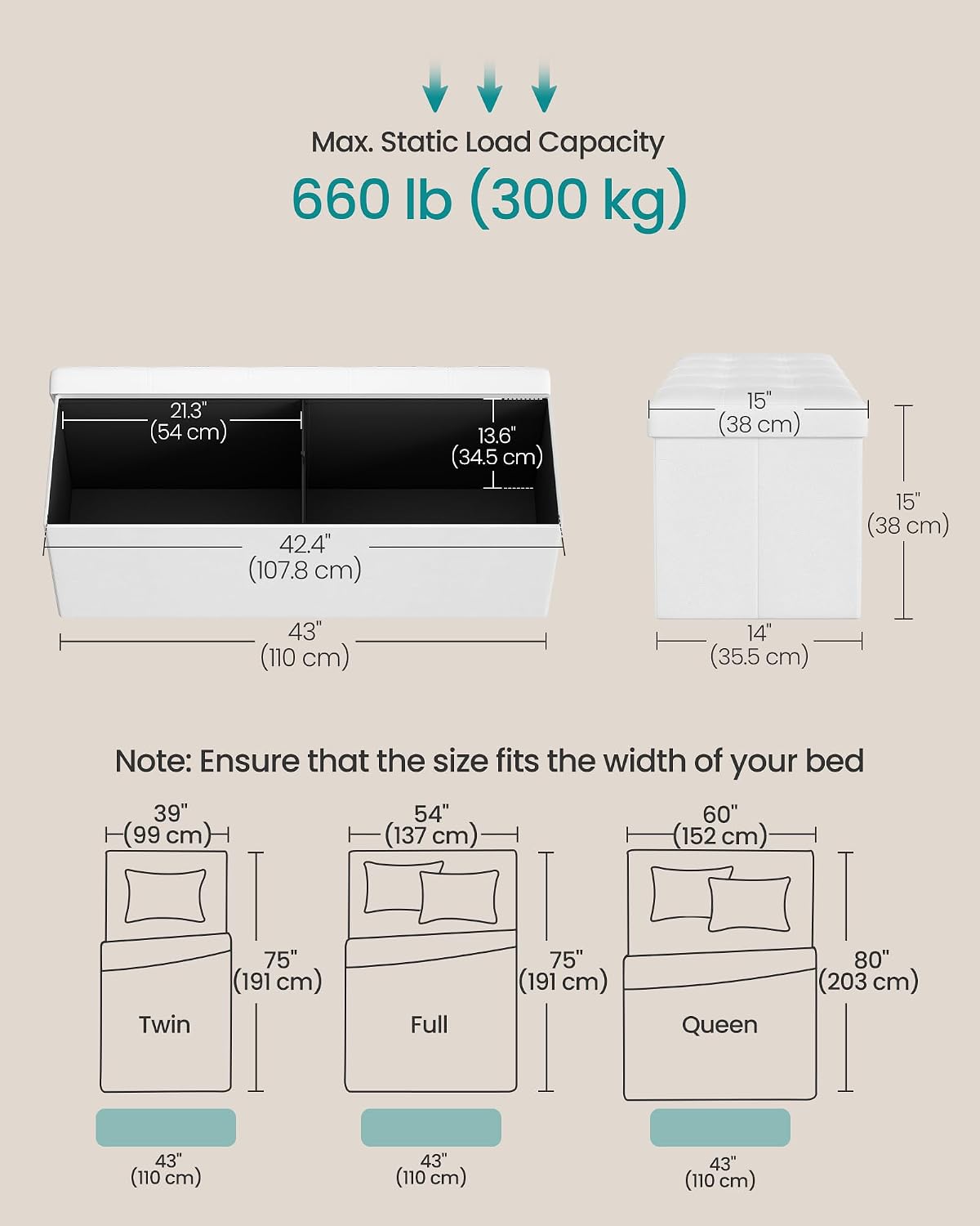 songmics storage ottoman bench, 43.3 inches folding foot, close-up detail