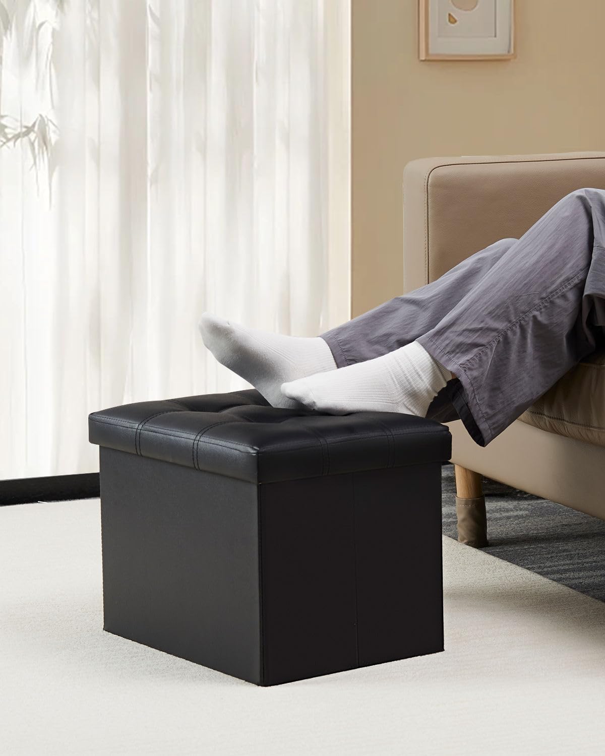 bsketa storage ottoman bench, 17" folding leather foot shown in use