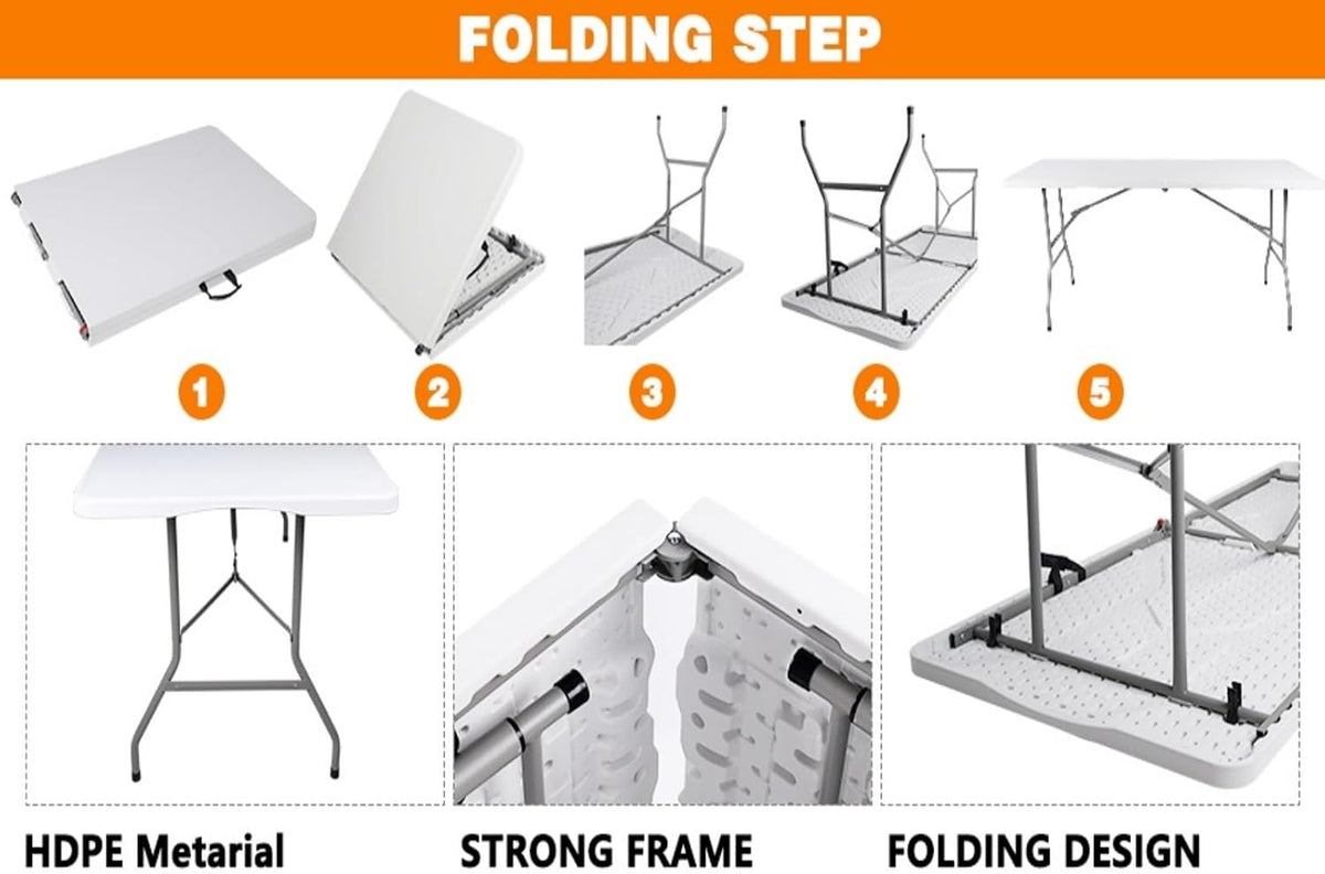 Folding Table 6ft Foldable Table with Built in Handle & Steel Legs / 6FT Heavy Duty Folding Portable,Perfect for Party, Dining Indoor/Outdoor Events, Tailgating & Backyard BBQ,White