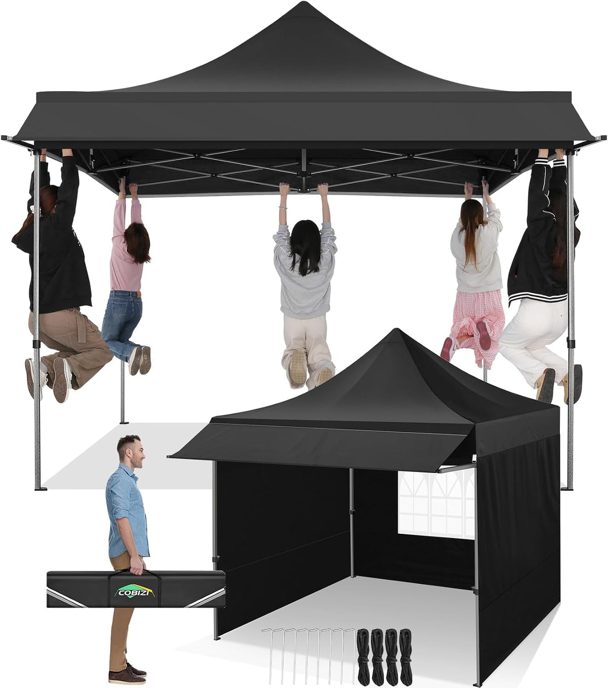 COBIZI 10x10 Pop Up Canopy Tent with Awning,Heavy Duty Canopies,Black