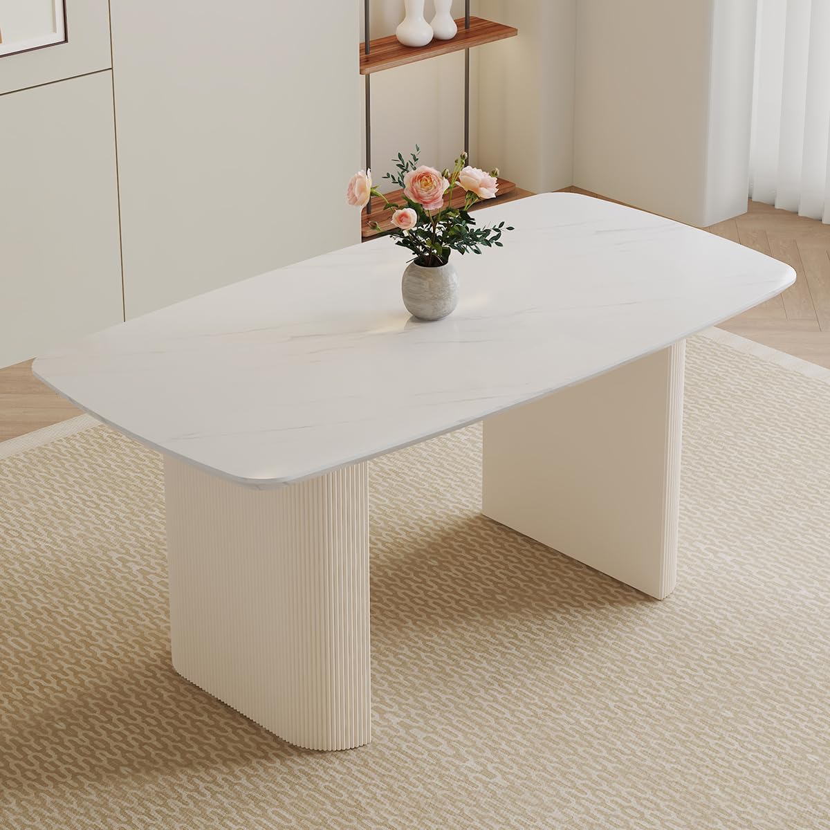 Ebullient White Dining Table, 67'' Modern Oval Dining Table for 4-8 People, White Tabletop with Cream Ripple Legs, Suitable for Dinning Room, White Table Only