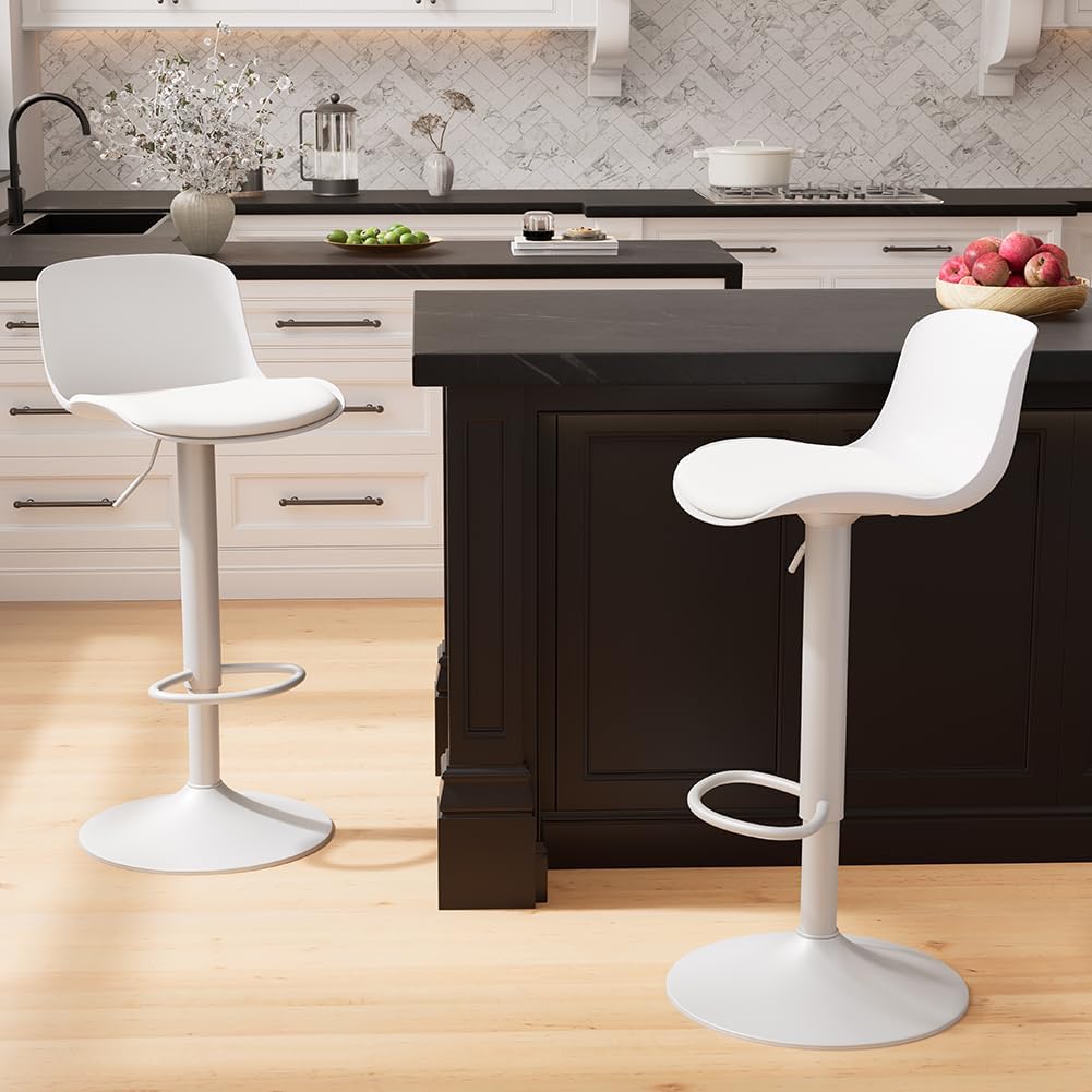 Kidol & Shellder Bar Stools Set of 2 Adjustable Swivel Counter Height Stools, Modern PU Leather Upholstered with Back Solid Color Barstools for Kitchen Island White