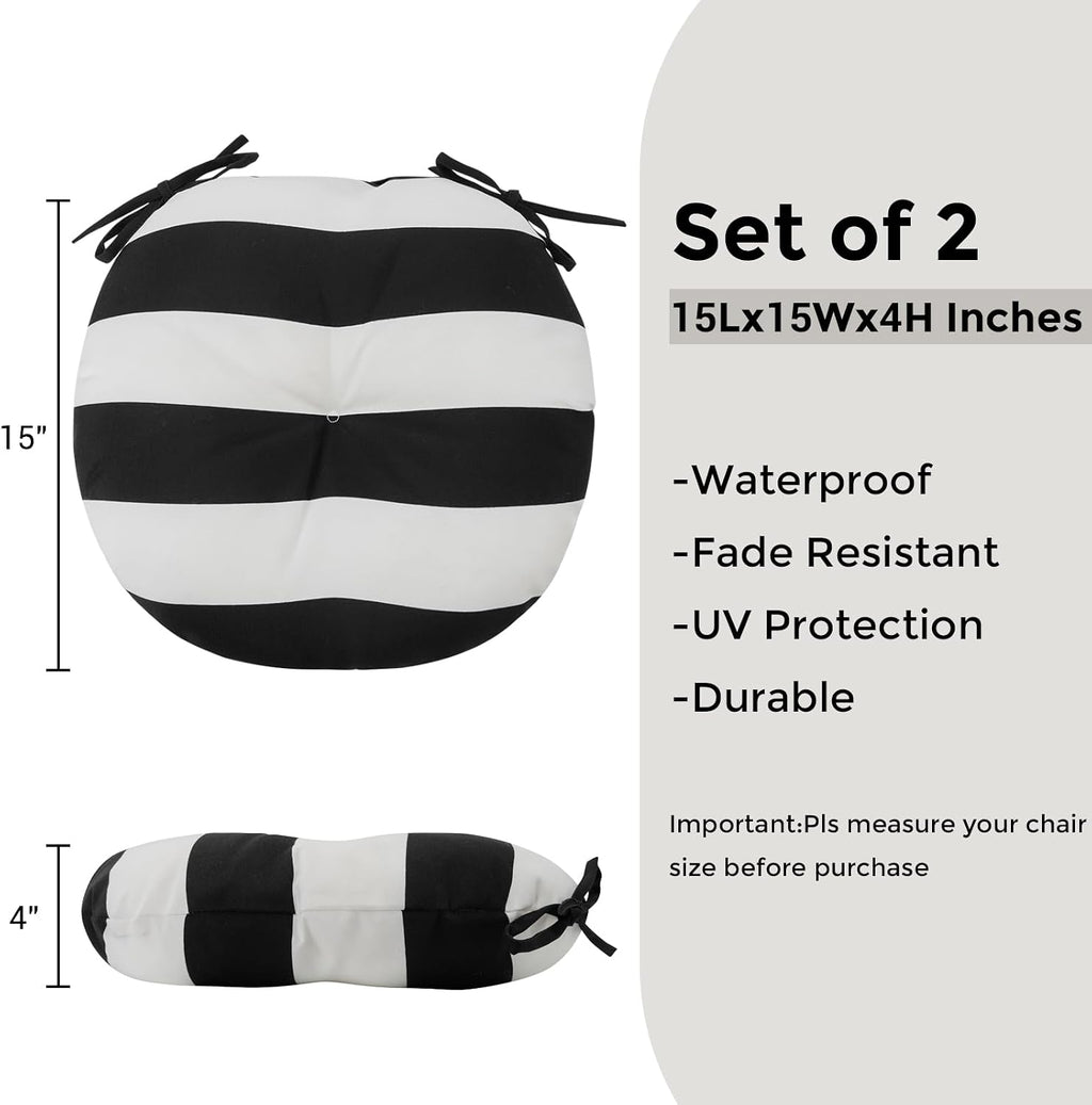 Bistro Chair Cushions 15 inch,Set of 2,Tufted Round Chair Cushions with Ties,15"x15"x4",Water Resistant Round Seat Cushion for Barstool Chairs,Patio Garden Kitchen Outdoor Furniture(Black and White)