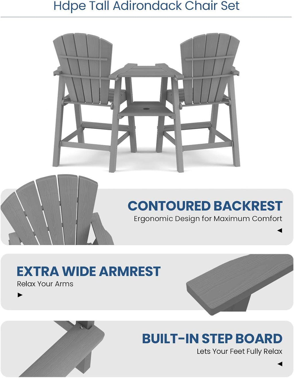 Ciokea Tall Adirondack Chairs Set of 2 with Connecting Trays, Gray