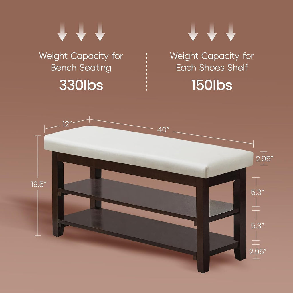 40" Shoe Bench with Leather Cushion, Upholstered Entryway Bench, Ivory