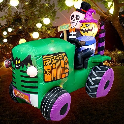5.5Ft Long Halloween Inflatable Ghost Tractor Decoration with LED Lights