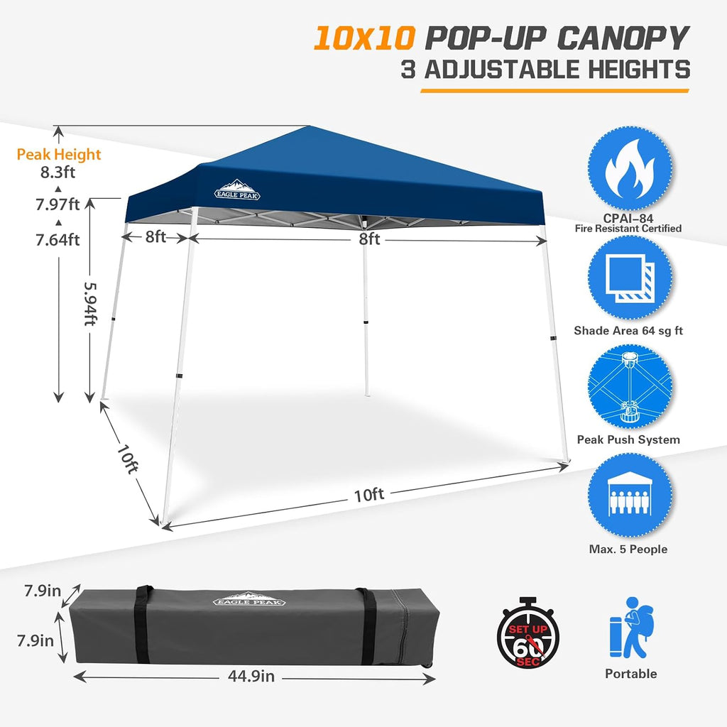 EAGLE PEAK 10x10 Slant Leg Pop Up Canopy Tent, Dark Blue